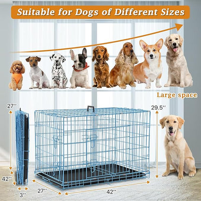 Dog Crate Dog Kennel Cage 42” Portable Foldable Indoor Outdoor Large Double Door Wire Metal Puppy Cat Pet Dog Cage with ABS Tray LC & Divider, Blue