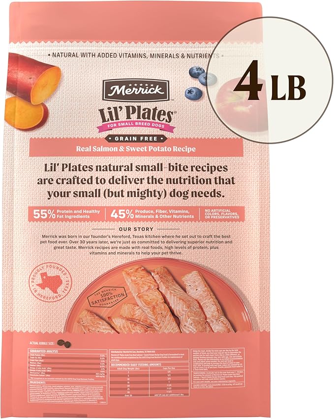 Merrick Lil’ Plates Premium Grain Free Dry Dog Food for Small Dogs, Real Salmon and Sweet Potato Kibble - 4.0 lb. Bag