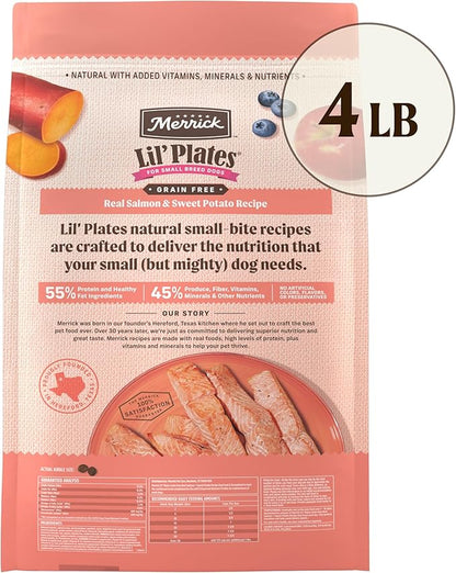 Merrick Lil’ Plates Premium Grain Free Dry Dog Food for Small Dogs, Real Salmon and Sweet Potato Kibble - 4.0 lb. Bag