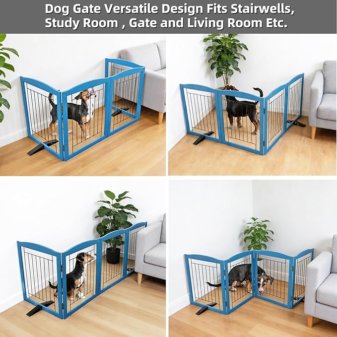 ZJSF Freestanding Dog Fence Indoor, Foldable Dog Gate for Doorways, Stairs or Hallways, Sturdy Wood Extra Wide Pet Gate with Support Feet for The House, Blue, 32 "Height-4 Panels