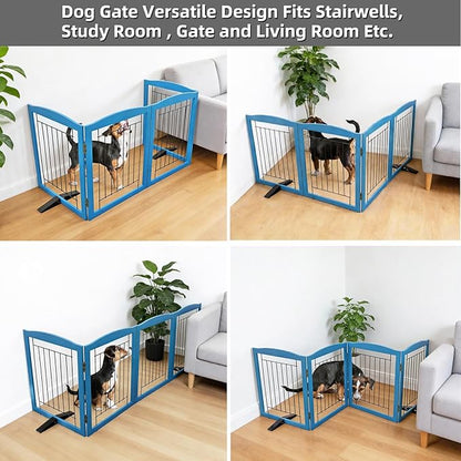 ZJSF Freestanding Dog Fence Indoor, Foldable Dog Gate for Doorways, Stairs or Hallways, Sturdy Wood Extra Wide Pet Gate with Support Feet for The House, Blue, 32 "Height-4 Panels