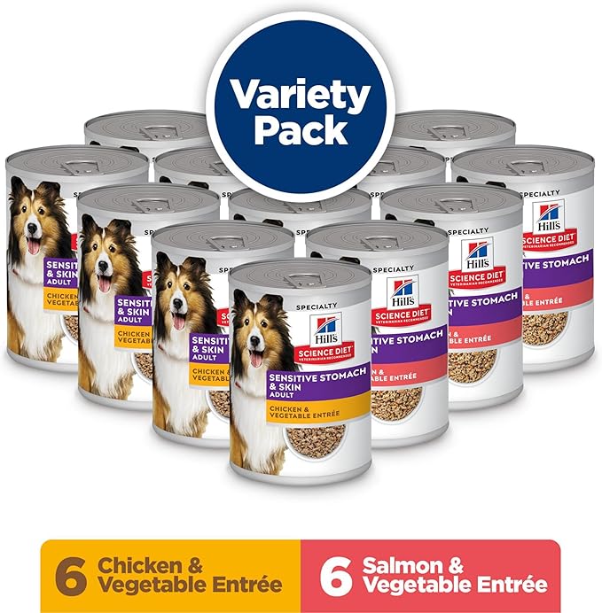 Hill's Science Diet Adult Sensitive Stomach & Skin Wet Dog Food Variety Pack, Chicken & Vegetable, Salmon & Vegetable, 12.8 oz. Cans, 12-Pack