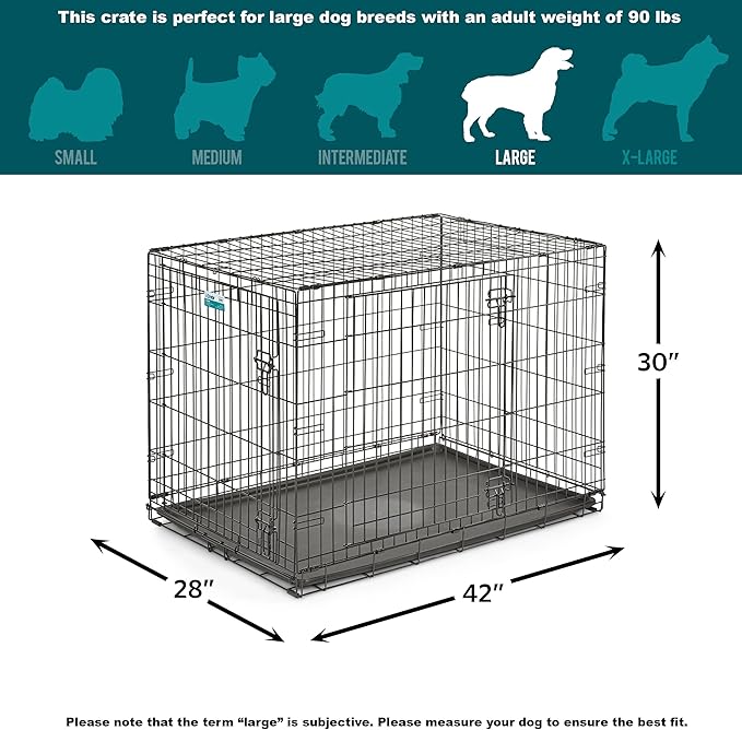 MidWest Homes for Pets 42-Inch iCrate for Large Breeds, 71-90 lbs, Double Door Folding Dog Crate with Divider Panel, Leak-Proof Tray & Secure Latches, Portable, Durable & Easy to Assemble