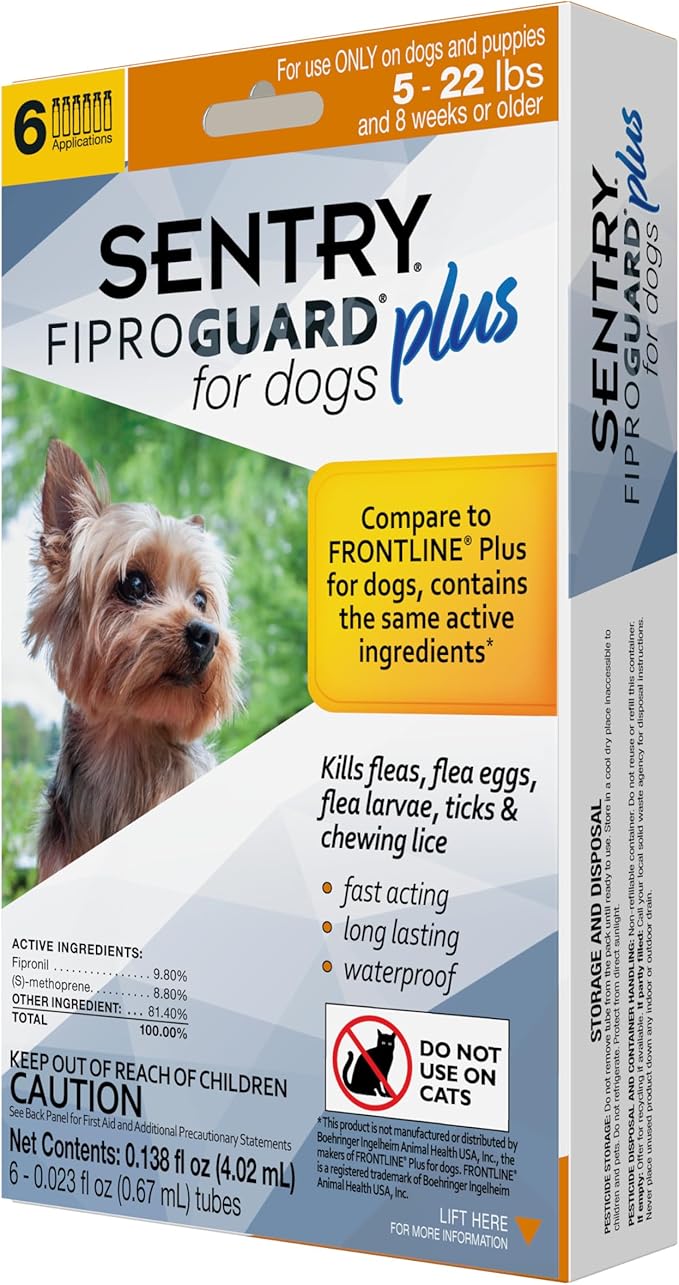 Sentry Fiproguard Plus for Dogs, Flea and Tick Prevention for Dogs (5-22 Pounds), Includes 6 Month Supply of Topical Flea Treatments