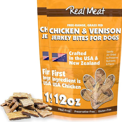 Real Meat Dog Treats - Two 12oz Bag of Bite-Sized Air-Dried Venison & Chicken Jerky for Dogs - Grain-Free Jerky Treats with 95% Free-Range Venison & Chicken - All-Natural Treats