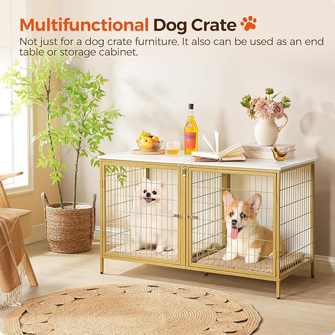 MAHANCRIS Dog Crate Furniture for 2 Dogs, 43.3" Dog Kennel with Removable Divider, Heavy Sturdy Dog Furniture Style Double Cage for Small Medium Dog, Indoor Pet House End Table, White and Gold