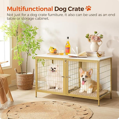 MAHANCRIS Dog Crate Furniture for 2 Dogs, 43.3" Dog Kennel with Removable Divider, Heavy Sturdy Dog Furniture Style Double Cage for Small Medium Dog, Indoor Pet House End Table, White and Gold