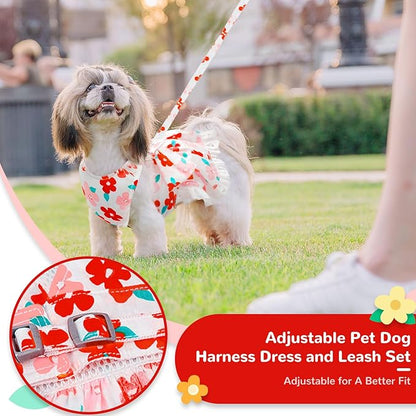 ABRRLO Cute Floral Dog Harness Dress and Leash Set for Small Dogs Cats Girl Puppy Bowknot Princess Birthday Dress Summer Female Pet Small Dog Clothes Lace Doggie Kitten Outfits Apparel(Red,XS)