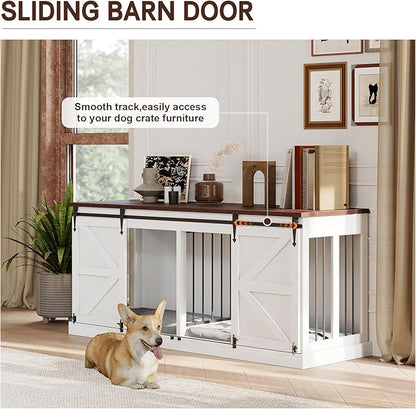 Dog Crate Furniture - Indoor Wooden Dog Kennel with Room Divider and Double Sliding Barn Doors - 71”x23.6”x31.5”H, White