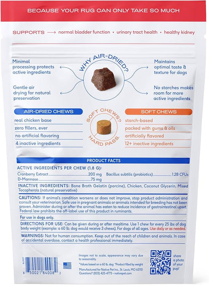 Native Pet Dog UTI Treatment - Cranberry Supplement for Dogs - Supports Normal Bladder Function, Urinary Tract & Kidney Health - Real Cranberry Extract, D-Mannose & Probiotics - Air-Dried - 30 Chews
