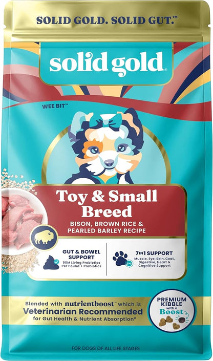 Solid Gold Toy & Small Breed Dog Food Dry Small Bites – Bison Healthy Whole Grain Dogfood – High Fiber Healthy Dog Kibble w/Probiotics for Gut Health – NutrientBoost™ – 3.75 lb