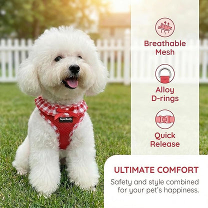 SuperBuddy Upgraded Soft Mesh Dog Harness Super Breathable Lightweight Pet Harnesses for Puppy Dogs Outdoor Walking, Red Dog Harness and Dog Leash Set Packing -Large