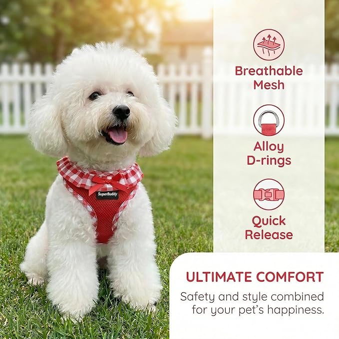 SuperBuddy Upgraded Soft Mesh Dog Harness, Super Breathable Lightweight Pet Harnesses for Puppy Dogs Outdoor Walking, Red Dog Harness and Dog Leash Set Packing -Small