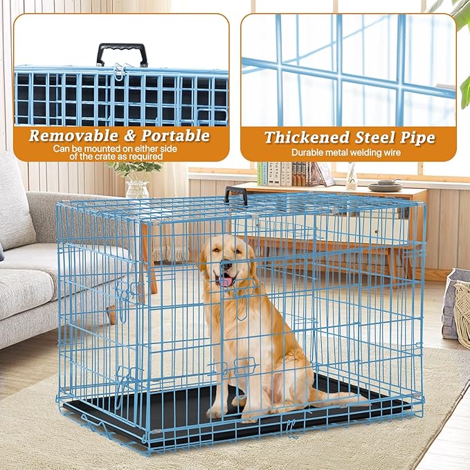 Dog Crate for Large Medium Dogs Folding Dog Kennel Cage with Plastic Tray & Divider 48" Indoor Outdoor Metal Double Door Pet Playpen Heavy Duty Dog Pen Enclosure Blue