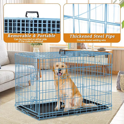 Dog Crate for Large Medium Dogs Folding Dog Kennel Cage with Plastic Tray & Divider 48" Indoor Outdoor Metal Double Door Pet Playpen Heavy Duty Dog Pen Enclosure Blue