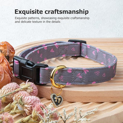 Cotton Handmade Dog Collar Cute and Distinctive Patterns Grey Heart with Pendant for Girl Boy Dogs Collars S