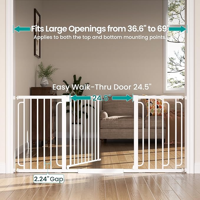 Cumbor Extra Wide Baby Gate, 36.6-69" Walk-Through Dog Gate for Stairs, Doorways & Hallways, 30.5“ Tall, Auto-Close & Dual-Swing Safety Child Gate Indoor, Easy Install Pressure-Mounted Pet Gate, White
