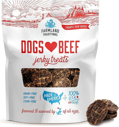 Farmland Traditions Dogs Love Beef Jerky Dog Treats with Only 3 Ingredients and No Fillers, 13.5 Ounce Bag