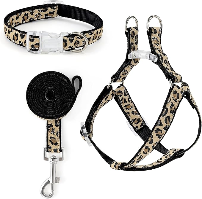 Mile High Life Leopard Dog Harness Collar Leash Set, Adjustable No Pull Dog Halter Harness for Small Breed Dogs, Easy Control for Training Walking (Black, S Chest 11"-18", Neck 10"-14")
