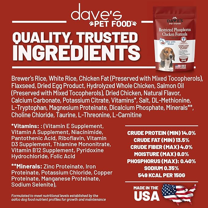 Dave’s Pet Food Kidney Support for Dogs with Renal Support (Chicken Formula Crumble) Non-Prescription Low Phosphorus Restricted Diet Dog Food, Added Vitamins Minerals & Taurine, Vet Formulated (13 oz)