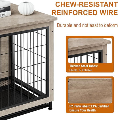 Vongrasig Dog Crate Furniture, Side End Table, Modern Wooden Kennel for Dogs Indoor, Heavy-Duty Dog Cage with Multi-Purpose Removable Tray, Double-Door Dog House, Grey