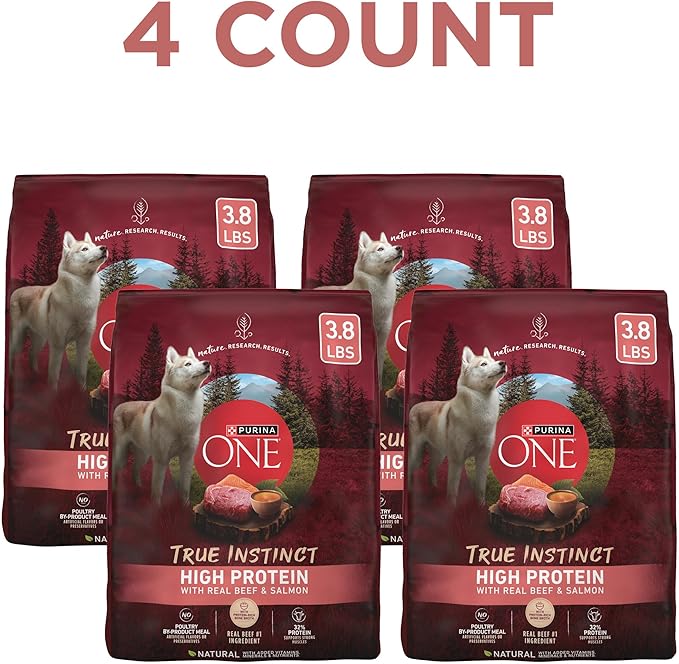 Purina ONE Natural High Protein Dry Dog Food Dry True Instinct with Real Beef and Salmon With Bone Broth and Added Vitamins, Minerals and Nutrients - (Pack of 4) 3.8 lb. Bags