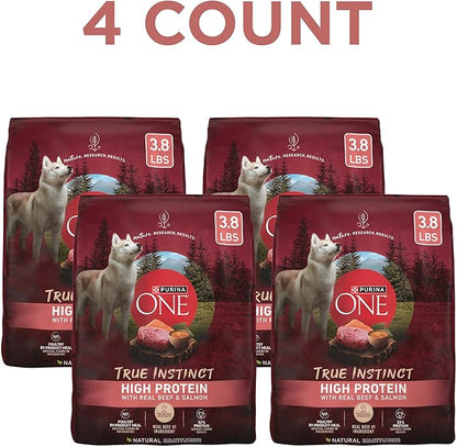 Purina ONE Natural High Protein Dry Dog Food Dry True Instinct with Real Beef and Salmon With Bone Broth and Added Vitamins, Minerals and Nutrients - (Pack of 4) 3.8 lb. Bags