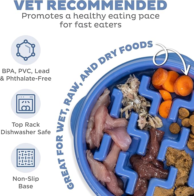 Outward Hound Fun Feeder Slo Bowl – Medium 2‑Cup Capacity, Slow Feeding, Small to Medium Dogs & Cats, Non-Slip, Blue, Notch Pattern