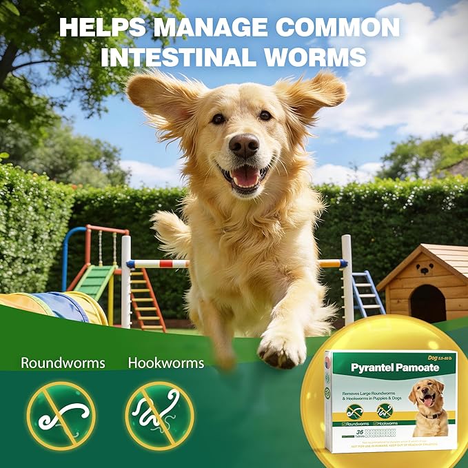 Dog Dewormer Pyrantel Pamoate, Chewable Tablets for Dogs & Puppies, Roundworms & Hookworms, Easy Dosing, 36 Tablets