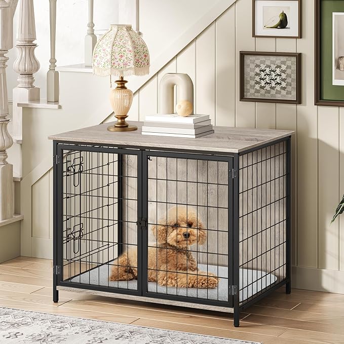 MAHANCRIS Dog Crate Furniture with Cushion, Wooden Dog Kennel with Double Doors, Heavy Duty Dog Cage for Small/Medium/Large Dogs, Indoor Dog House End Table, 31.5" L, Greige DCHG0701