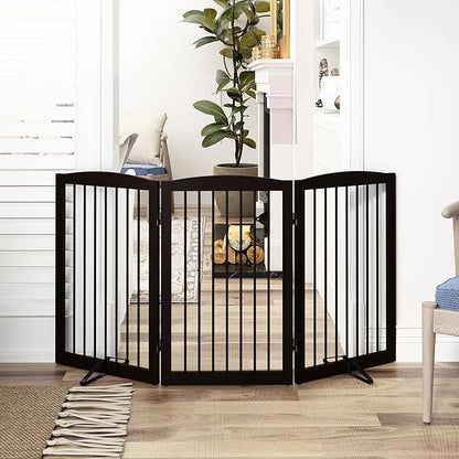 PUPETPO Freestanding Pet Gate for Dogs, Foldable Wooden Dog Gate for House Indoor, Tall Pet Fence for Stair, Doorway,Hall, Support Feet Included, 3 Panels 32",Brown