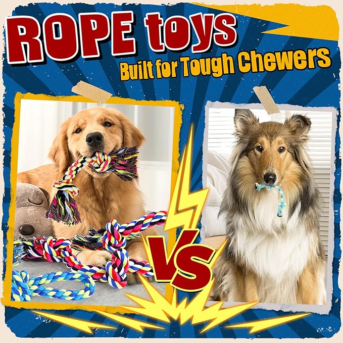 Forfon Tough & Strong Dog Toy for Aggressive Chewers – Tough Chew Toys for Large Dogs, Ideal for Tug-of-War & Teeth Cleaning, with 3 Rope Toys & 2 Dog Bags