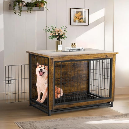 JY QAQA Dog Crate Furniture, Wooden Dogs Crate Table, Double-Doors Dog Furniture, Indoor Dog Kennel, Dog House, Dog Cage/Brown/L