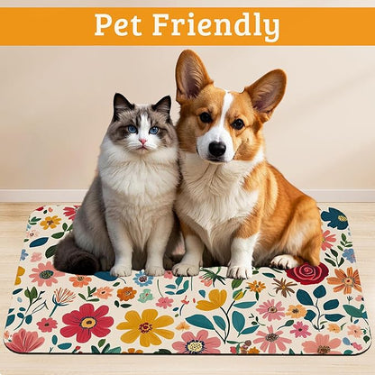 Colorful Flower Feeding Mat,Groovy Wildflowers Absorbent Quick-Dry Cat Dog Food and Water Bowl Mats,Non-Slip Rubber Backing Mat,Cat Dog Accessories Supplies 16" x 24"