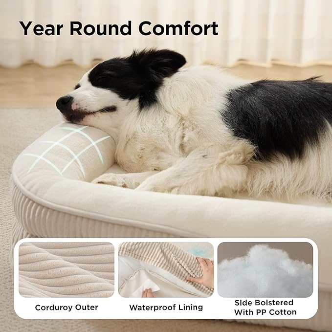Bedsure L Plus Orthopedic Dog Beds Large Sized Dog - 360° Oval Bolster Large Dogs Bed for Senior Dogs with Waterproof Washable Cover, Big Comfort Pet Sofa Couch with Ultra-Soft Fleece, Beige, 38"
