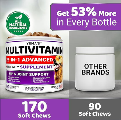 Dog Vitamins and Supplements - 170 Treats - Dog Multivitamin Chewable with Glucosamine - Senior & Puppy Multivitamin for Dogs - Hip & Joint Support - Immune Health, Skin, Heart, Digestion, Probiotics