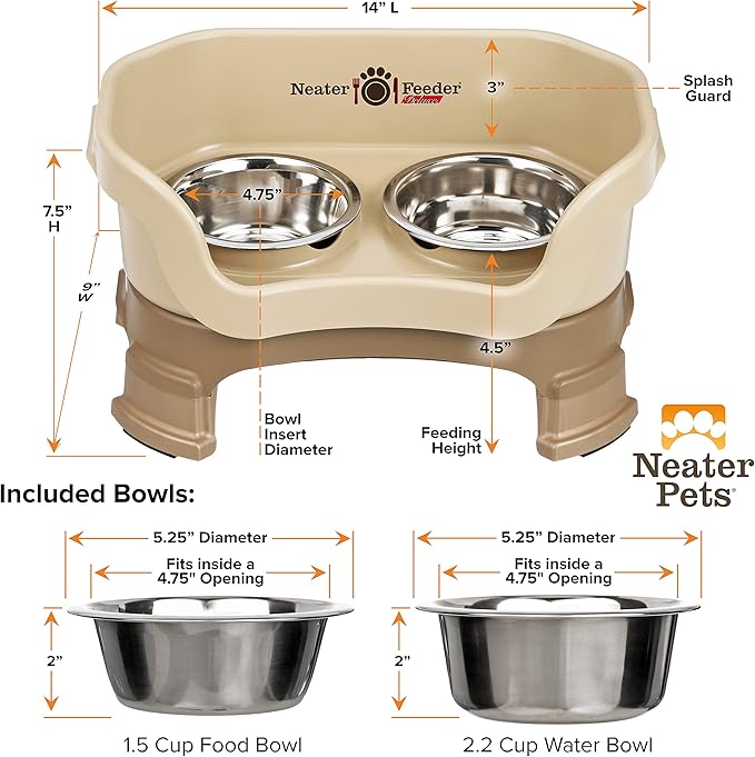 Neater Feeder Deluxe Mess-Proof Elevated Dog Bowls for Small Dogs (Up to 19 lbs), 2 Height Adjustable (6” & 7.5”) No-Spill Raised Dog Bowl Stand, Stainless Steel Food Bowl Set, Made in USA, Cappuccino