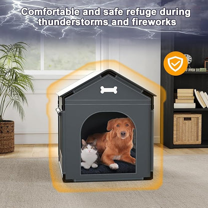 Large Dog House Indoor with Plush Cushion, Dog Kennel for Inside with Sturdy Frame, Waterproof Pet House Suitable for Small Medium Dogs, 27x21x27in, Gray