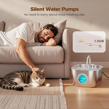 Stainless Steel Cat Water Fountain: 108oz/3.2L Pet Water Fountains Cat Watering Fountain Indoor Automatic Waterer Dispenser for Drinking Small Dogs Water Bowl Metal Kitty Faucet Watering Supplies