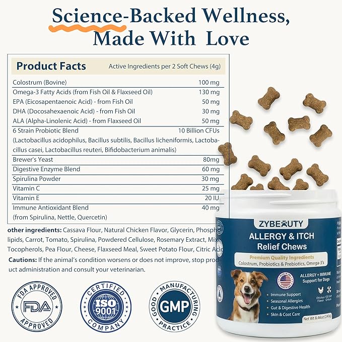 Dog Allergy Chews, Dog Probiotics for Itchy Skin Dog Allergy Relief Bites Skin and Coat Supplement Immune Support with Omega 3 Fish Oil Colostrum for Dog Seasonal Allergies Itchy Skin and Ear 120ct
