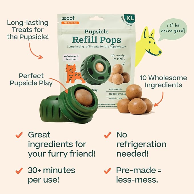 WOOF Pupsicle Refill Pops, Delicious Long Lasting Dog Treats, Pre-Made Pupsicle Refills for Dogs, Wholesome Ingredients, Low-Mess Beef Pet Treats - XL Pops - 5 Count - 3 Pack