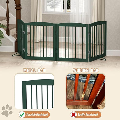 PUPETPO Freestanding Pet Gate for Dogs, Foldable Wooden Dog Gate for House, Indoor Dog Gate for Stairs, Doorways, Step Over Pet Puppy Safety Fence, 80 Inch Wide, 4 Panels 24", Green