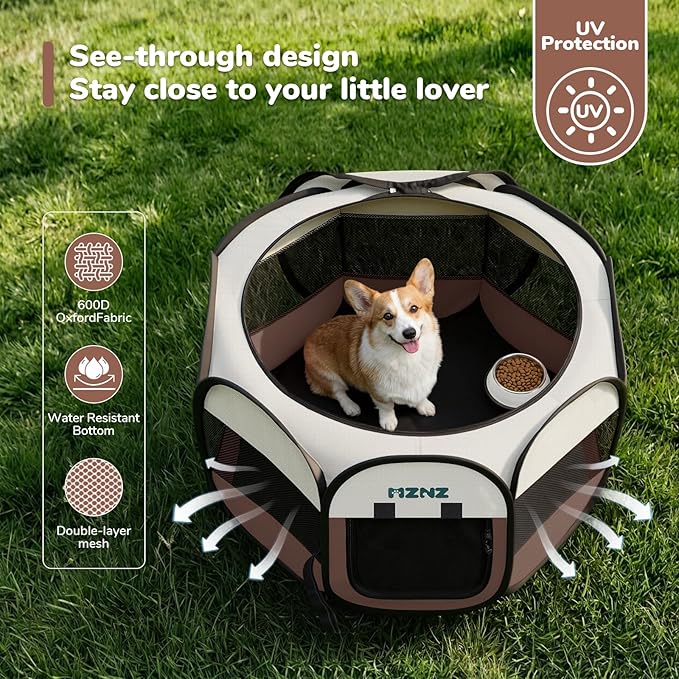Dog Playpen, Portable Puppy Pet Crate Indoors for Small/Medium Dogs Cats Rabbits, Foldable Dog Cage Enclosure for Outdoor, Pop Up Dogs Tent Kennel with Carrying Case, Brown