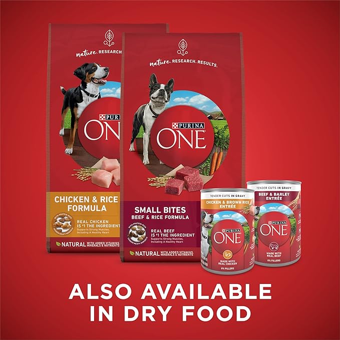 Purina ONE Tender Cuts in Gravy Chicken and Brown Rice,and Beef-and Barley Entrees Wet Dog Food Variety Pack - 13 oz. Cans,(Pack of 4)