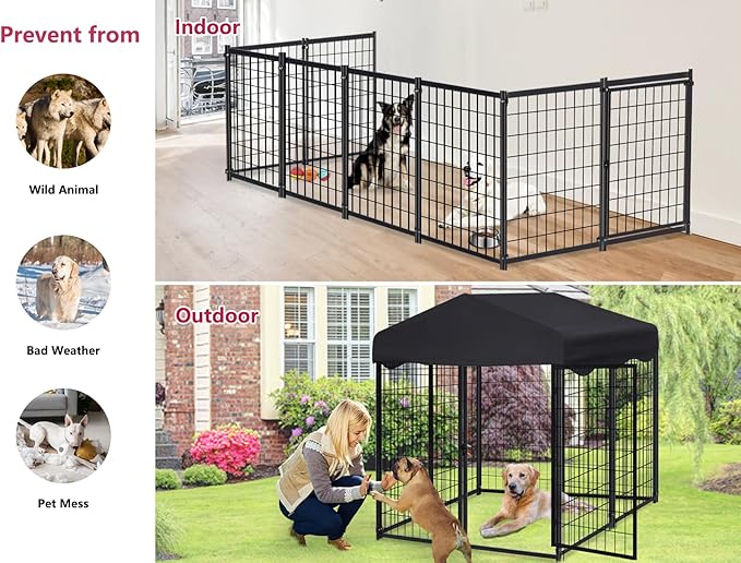 Dog Kennel Outside, 4.5' x 4' x 4' Dog Kennel Outdoor with Roof for Medium Small Dogs, Outdoor Dog Cage Dog Pen with Waterproof & UV-Resistant Cover, 12 Nails for Stablility, 2 Sets