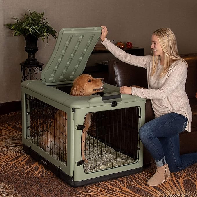 Pet Gear “The Other Door” 4 Door Steel Crate for Dogs/Cats with Garage-Style Door, Includes Plush Bed + Travel Bag, No Tools Required, Sage, 42 Inch