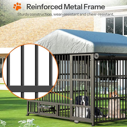 HOOBRO Outdoor Dog Kennel with Cover, 6.6 x 6.6 x 6.4 ft Dog Kennel Outside with Waterproof Roof and Rotating Feeding Bowls, Heavy-Duty Large Cage Enclosure, for Medium & Large Dogs, Black BK220GW03