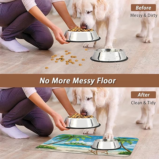 Tropical Beach Dog Food Mat for Floors,Hawaii Palm Tree Absorbent Quick-Dry Pet Feeding Mat, Cat Dog Bowl Mats for Food and Water, Non-Slip Pet Accessories Supplies 12"x20"