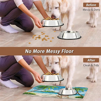 Tropical Beach Dog Food Mat for Floors,Hawaii Palm Tree Absorbent Quick-Dry Pet Feeding Mat, Cat Dog Bowl Mats for Food and Water, Non-Slip Pet Accessories Supplies 12"x20"