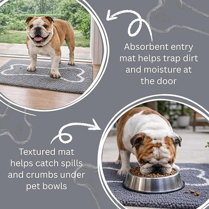 Soggy Doggy Slopmat Dog Food Mat – Absorbent Microfiber Chenille Pet Feeding Mat for Food & Water Bowls, Muddy Paws Small Doormat, Non-Slip, Machine Washable Rug – Gray/Light Gray Bone, 18” x 24”